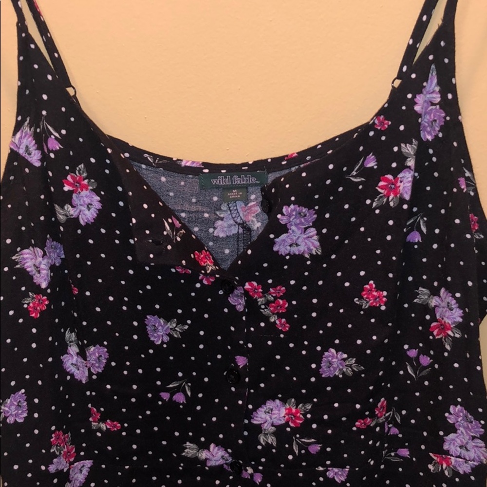 Button Down Black Dress w/ Polka Dots & Flowers